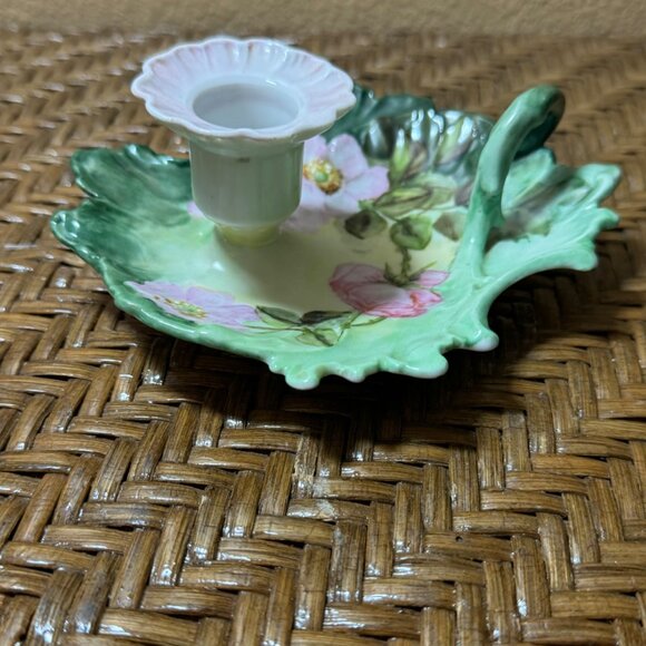 Vintage Hand Painted Porcelain Floral Leaf-Shaped Chamberstick Candle Holder - Picture 2 of 7